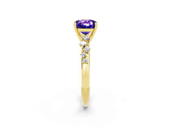 Yellow gold Cushion Cut Tanzanite Cluster Side Stone Solitaire Ring with Prong Setting
