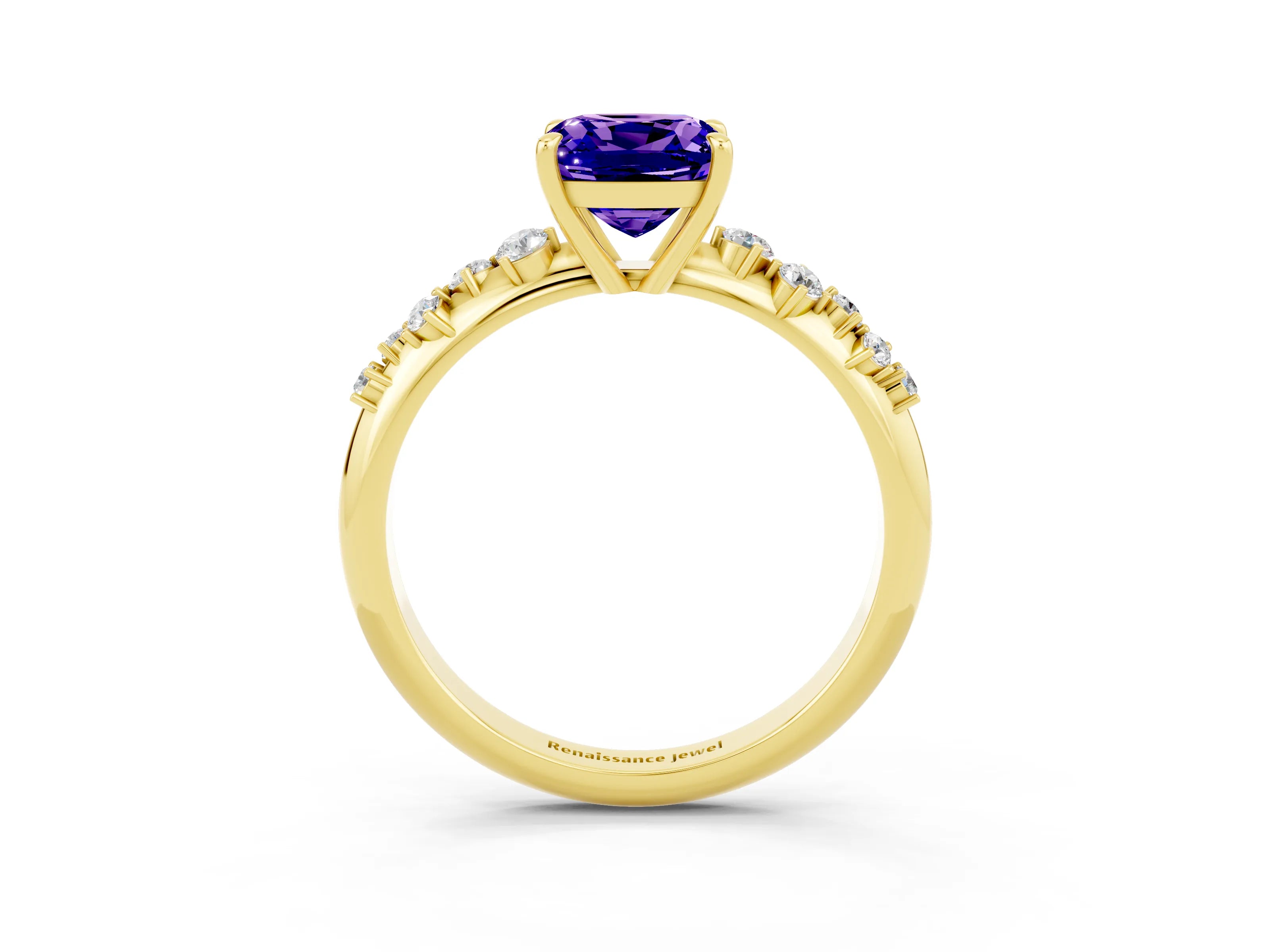 Yellow gold Cushion Cut Tanzanite Cluster Side Stone Solitaire Ring with Prong Setting_27
