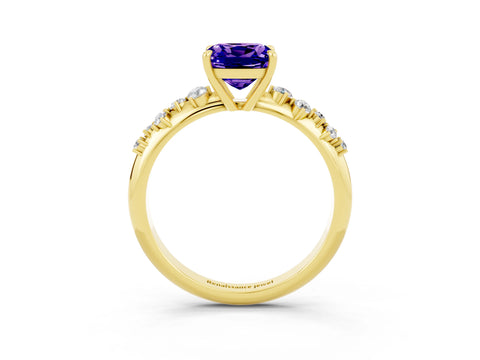 Yellow gold Cushion Cut Tanzanite Cluster Side Stone Solitaire Ring with Prong Setting_27