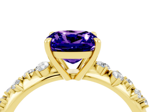 Yellow gold Cushion Cut Tanzanite Cluster Side Stone Solitaire Ring with Prong Setting_28