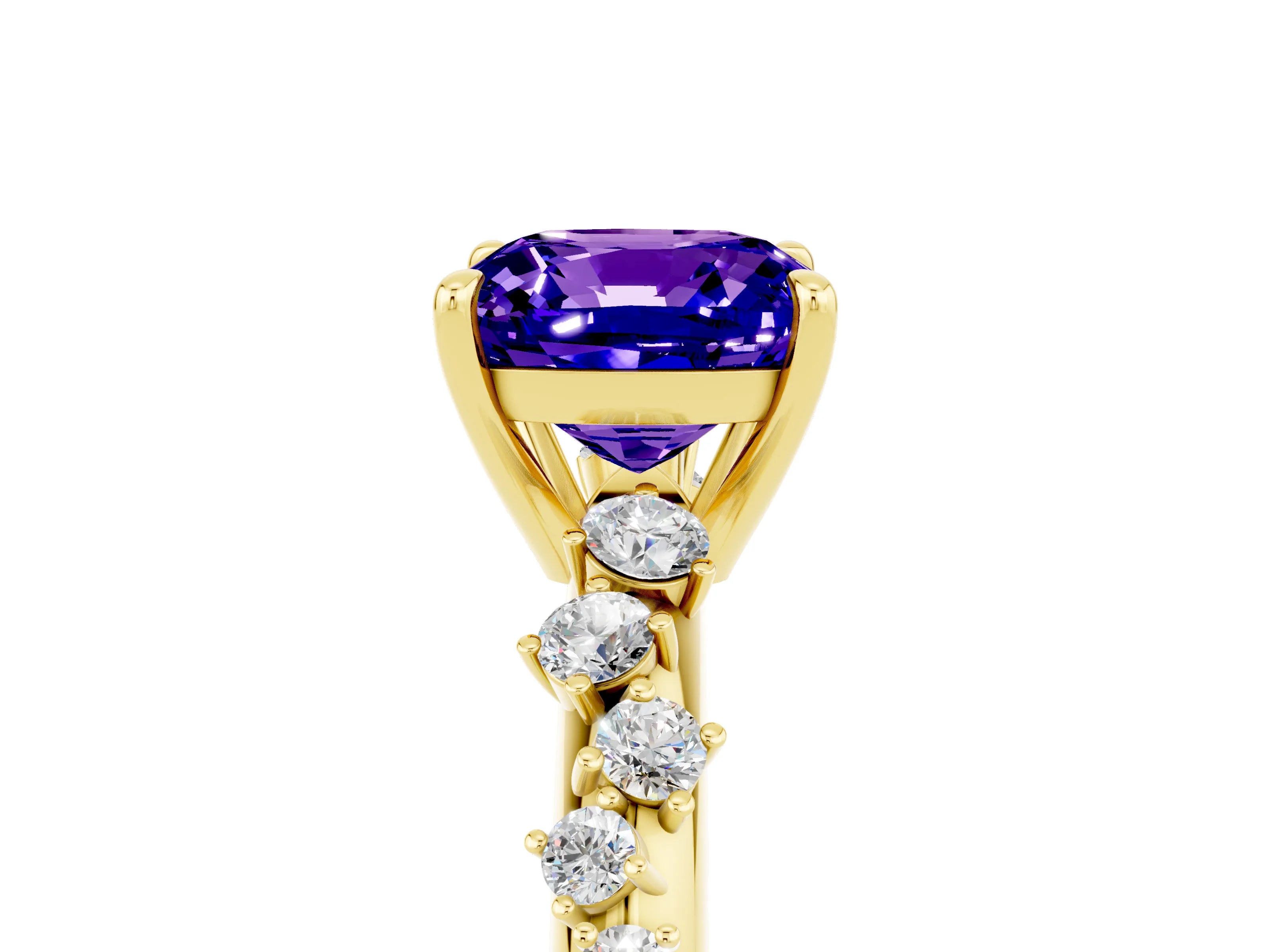 Yellow gold Cushion Cut Tanzanite Cluster Side Stone Solitaire Ring with Prong Setting_29