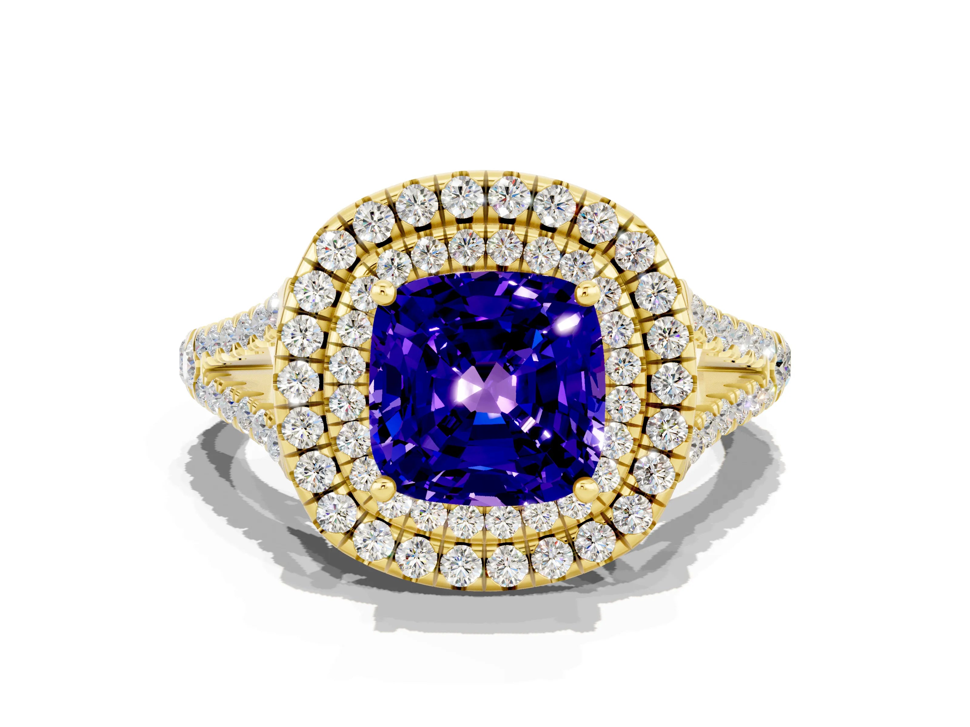 Yellow gold Cushion Cut Tanzanite Double Halo Ring with Pavé Band and Prong Setting_12