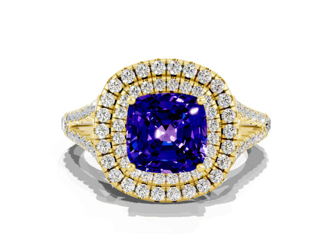 Yellow gold Cushion Cut Tanzanite Double Halo Ring with Pavé Band and Prong Setting_12