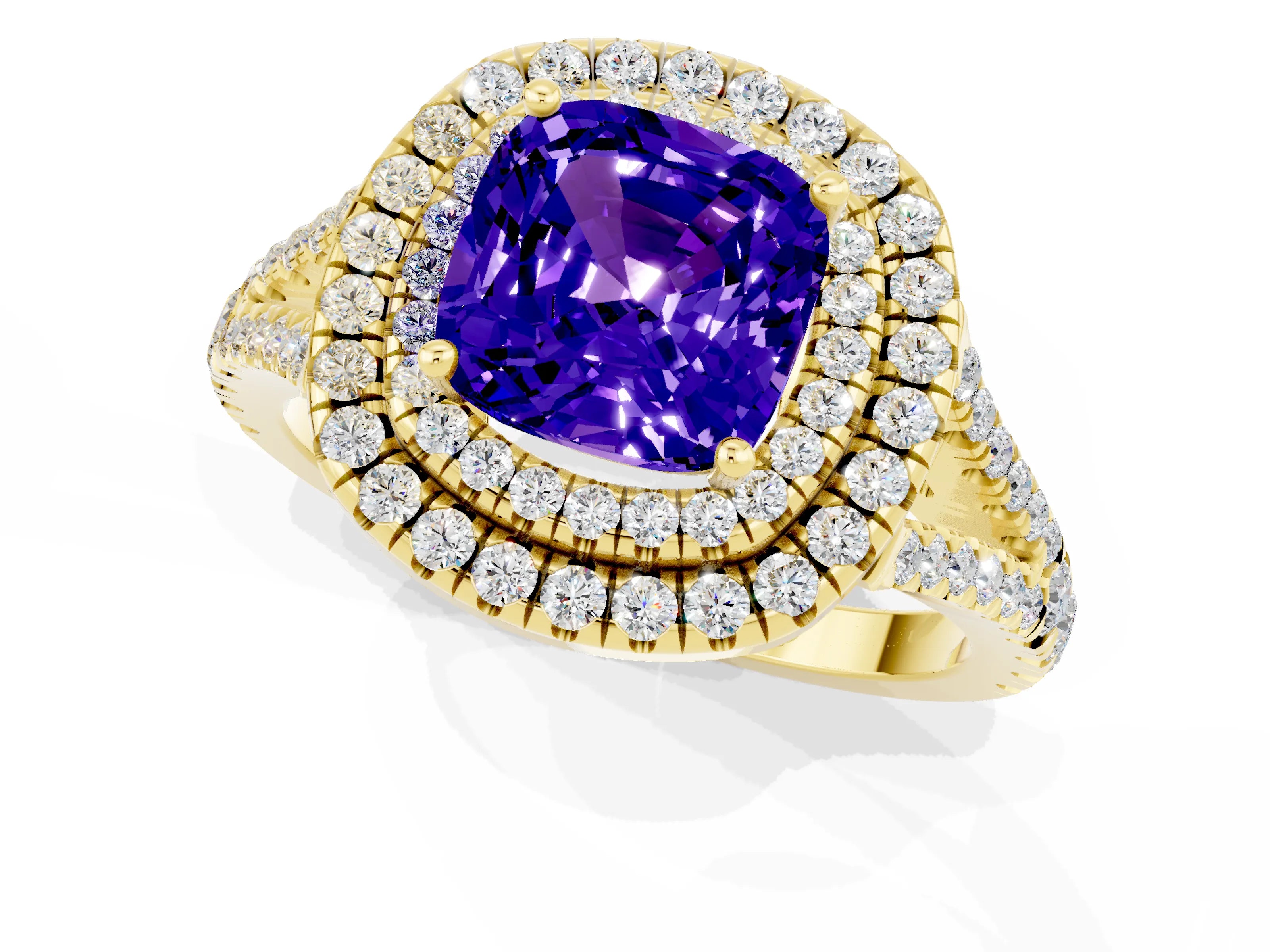 Yellow gold Cushion Cut Tanzanite Double Halo Ring with Pavé Band and Prong Setting_13