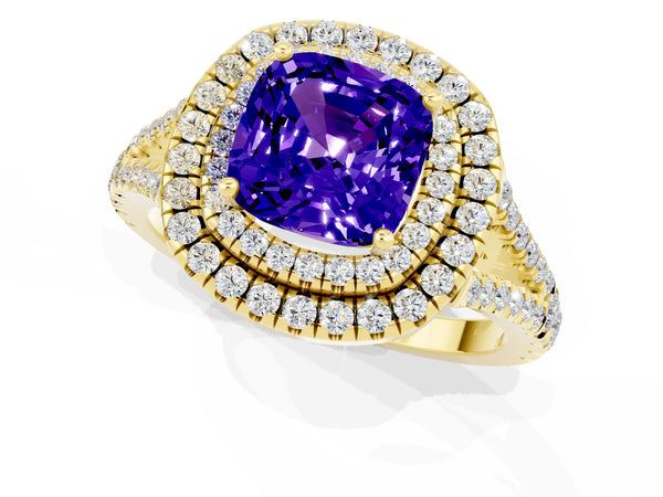 Yellow gold Cushion Cut Tanzanite Double Halo Ring with Pavé Band and Prong Setting