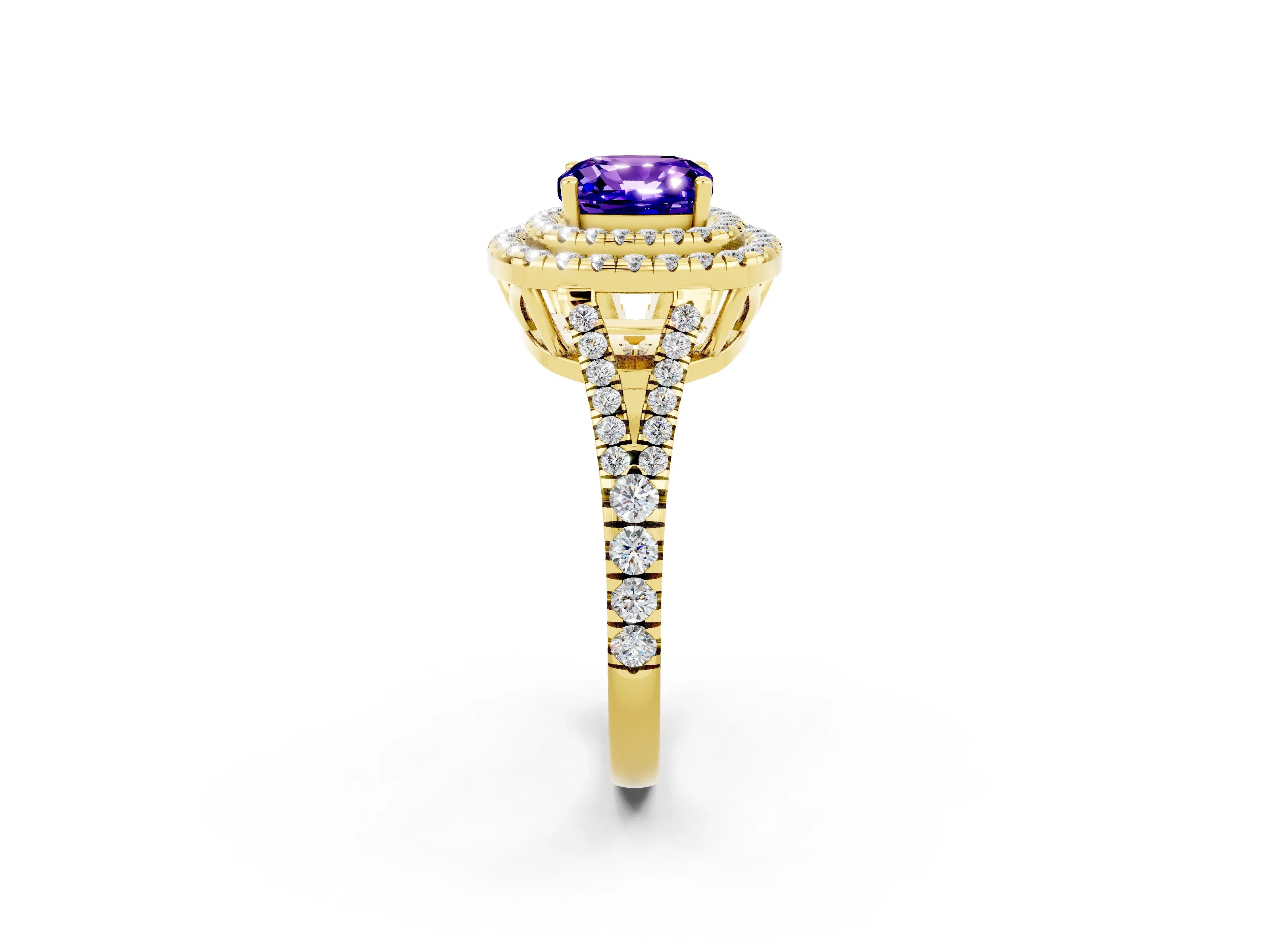 Yellow gold Cushion Cut Tanzanite Double Halo Ring with Pavé Band and Prong Setting_14