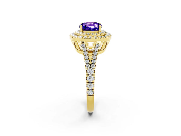 Yellow gold Cushion Cut Tanzanite Double Halo Ring with Pavé Band and Prong Setting