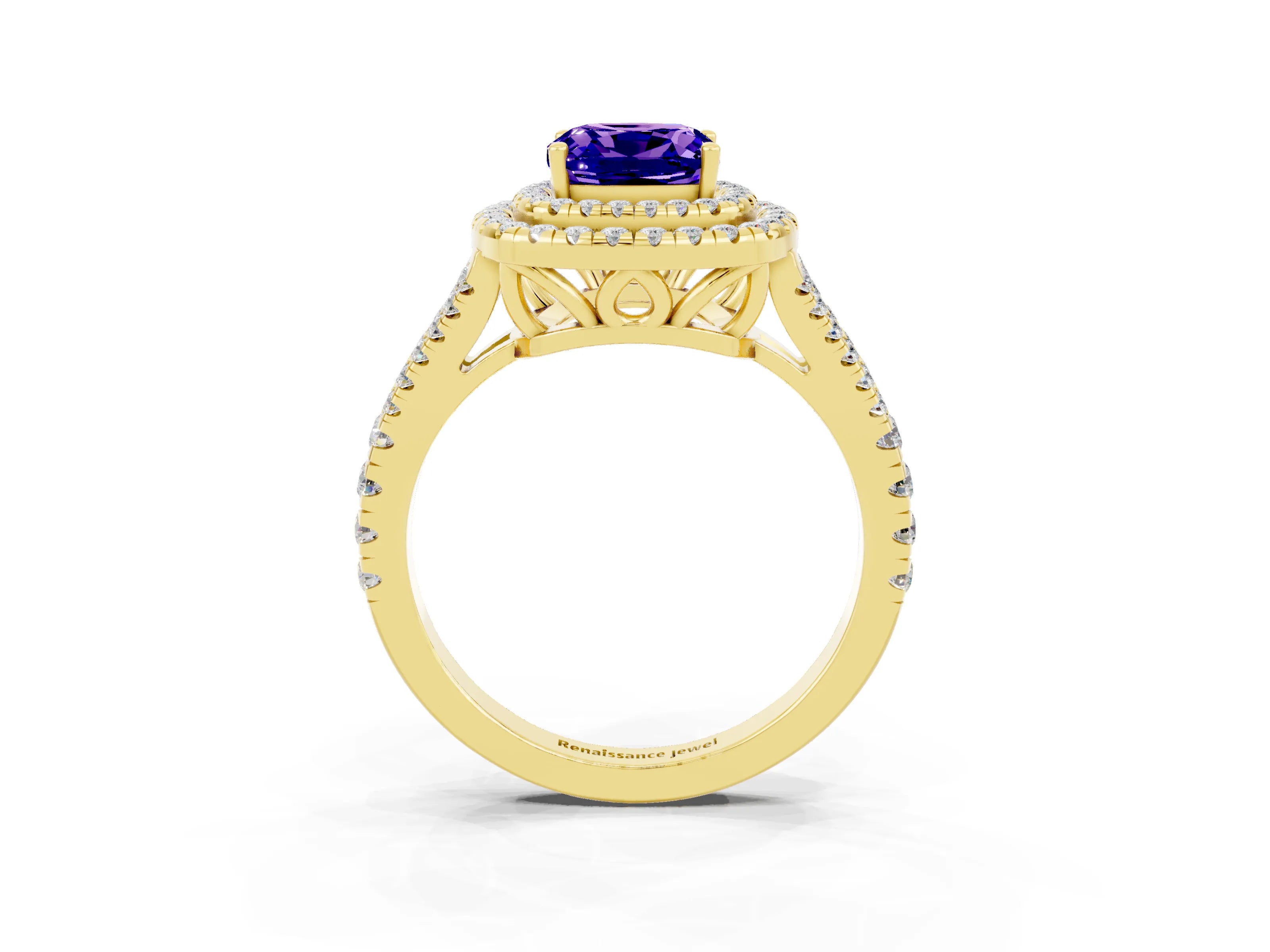 Yellow gold Cushion Cut Tanzanite Double Halo Ring with Pavé Band and Prong Setting_15
