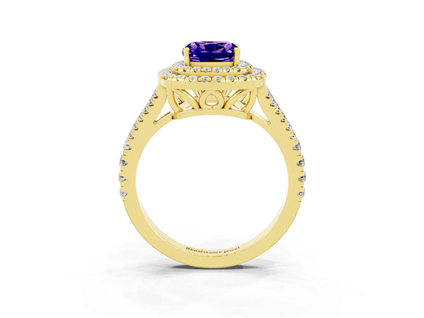 Yellow gold Cushion Cut Tanzanite Double Halo Ring with Pavé Band and Prong Setting