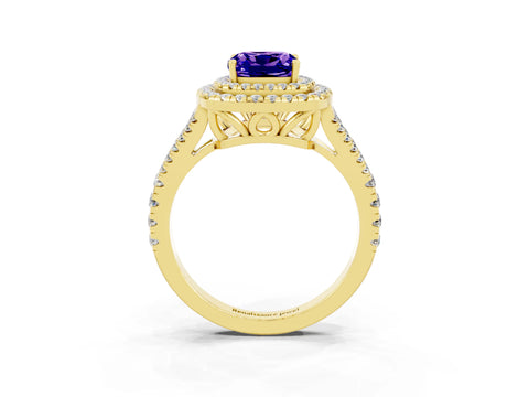 Yellow gold Cushion Cut Tanzanite Double Halo Ring with Pavé Band and Prong Setting_15