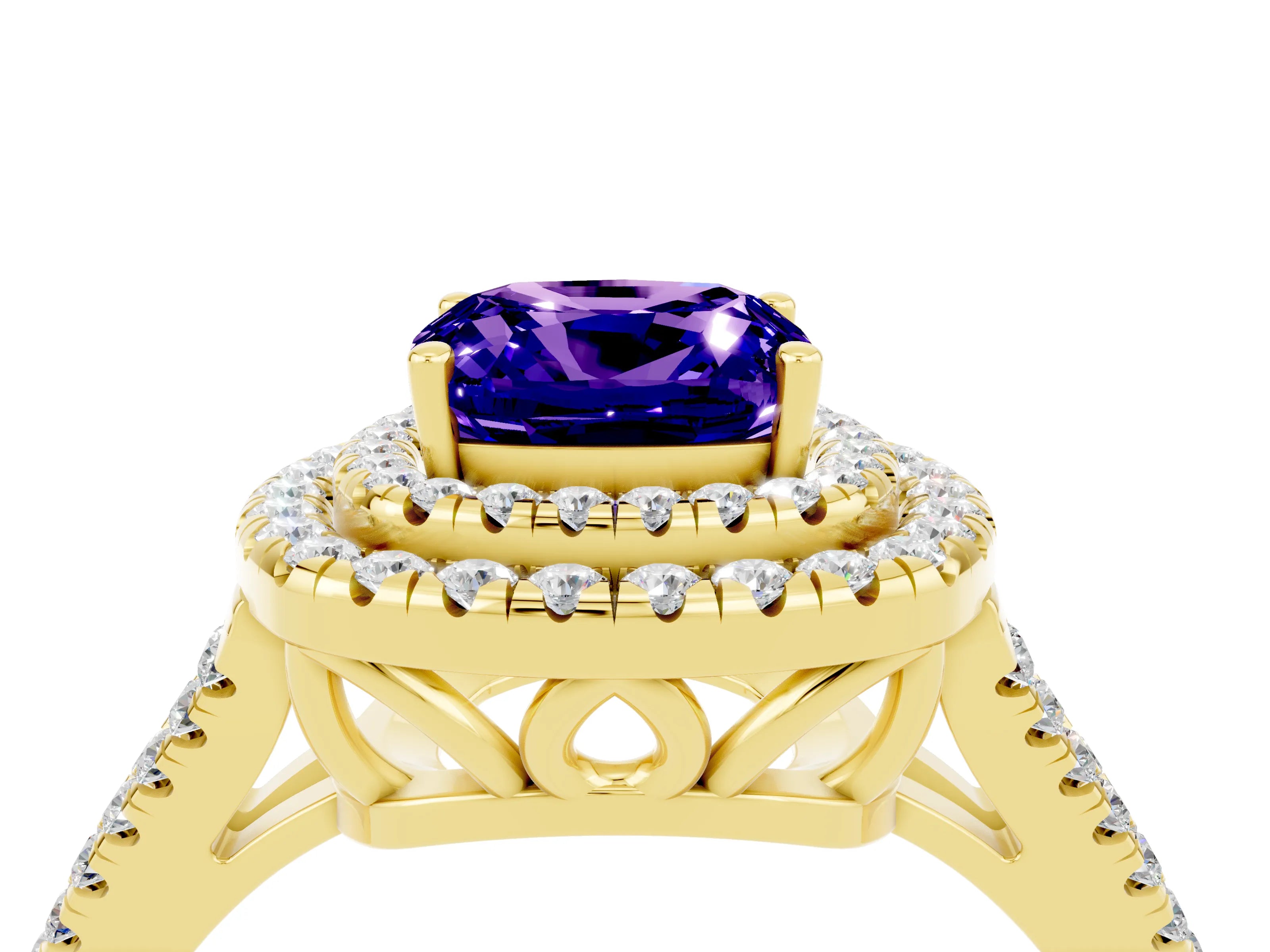 Yellow gold Cushion Cut Tanzanite Double Halo Ring with Pavé Band and Prong Setting_16