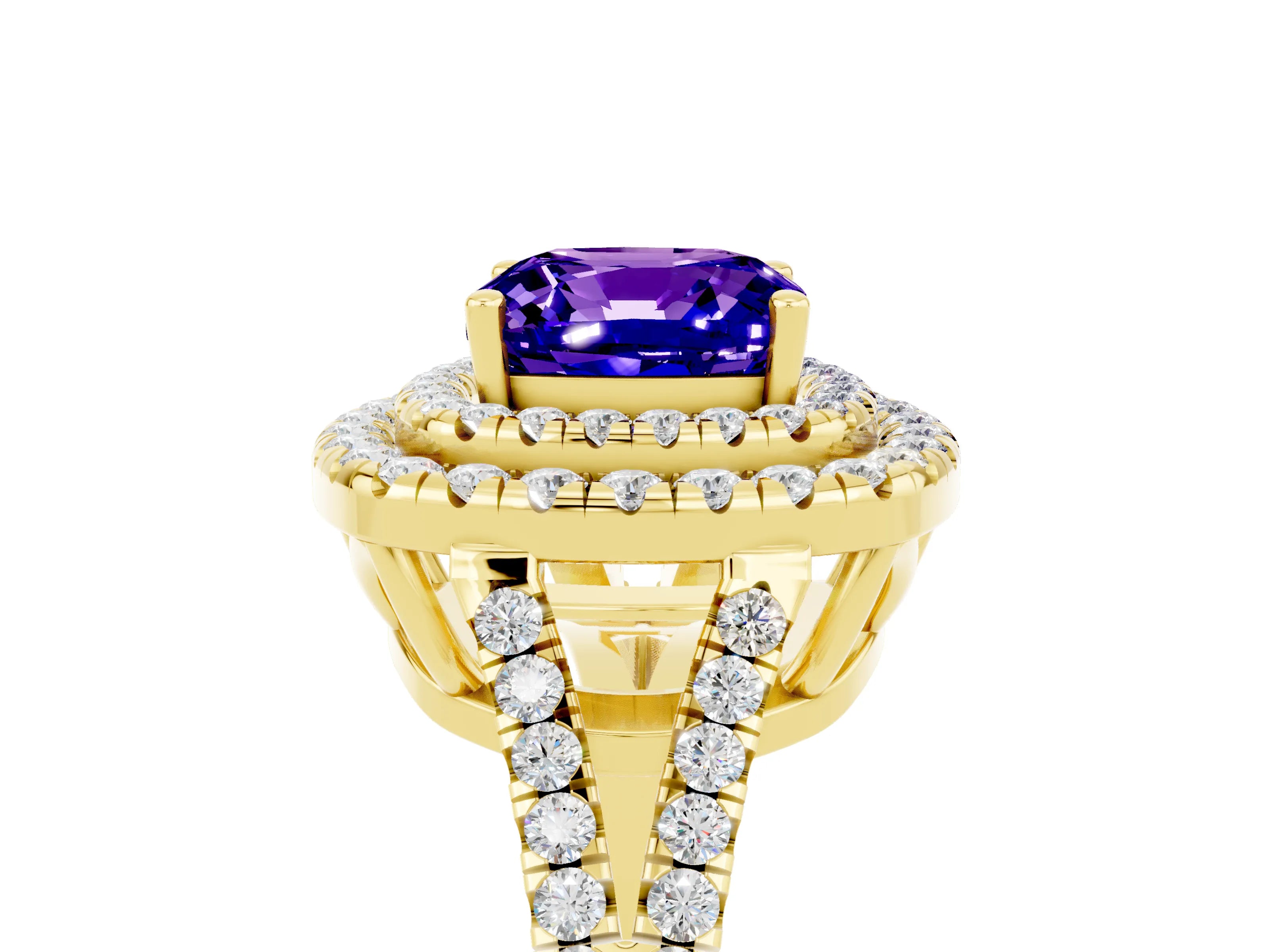 Yellow gold Cushion Cut Tanzanite Double Halo Ring with Pavé Band and Prong Setting_17