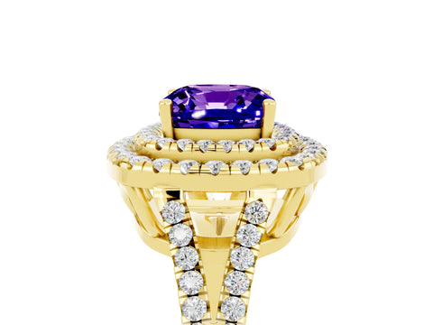 Yellow gold Cushion Cut Tanzanite Double Halo Ring with Pavé Band and Prong Setting_17