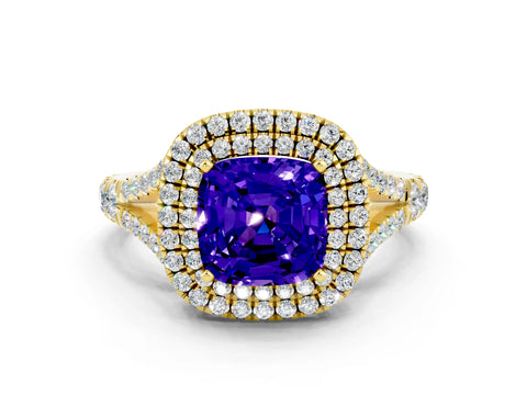 Yellow gold Cushion Cut Tanzanite Double Halo Ring with Split Shank and Prong Setting_12