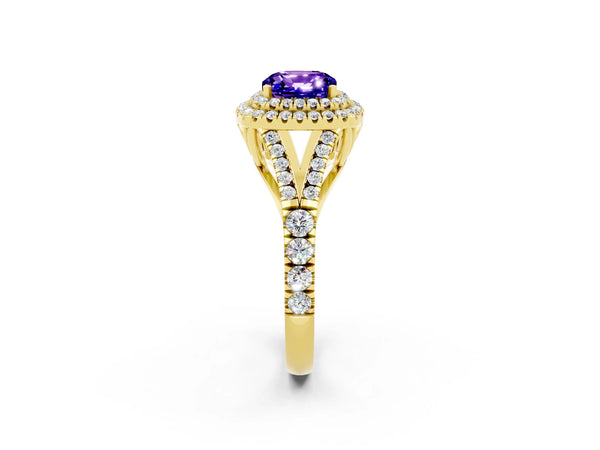 Yellow gold Cushion Cut Tanzanite Double Halo Ring with Split Shank and Prong Setting