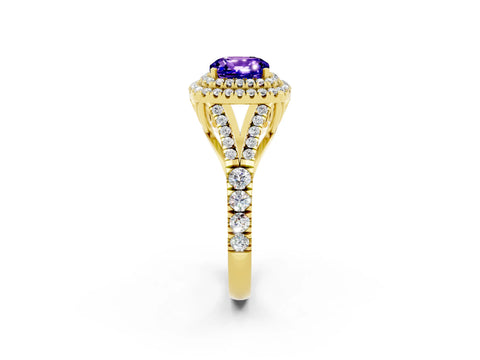 Yellow gold Cushion Cut Tanzanite Double Halo Ring with Split Shank and Prong Setting_14