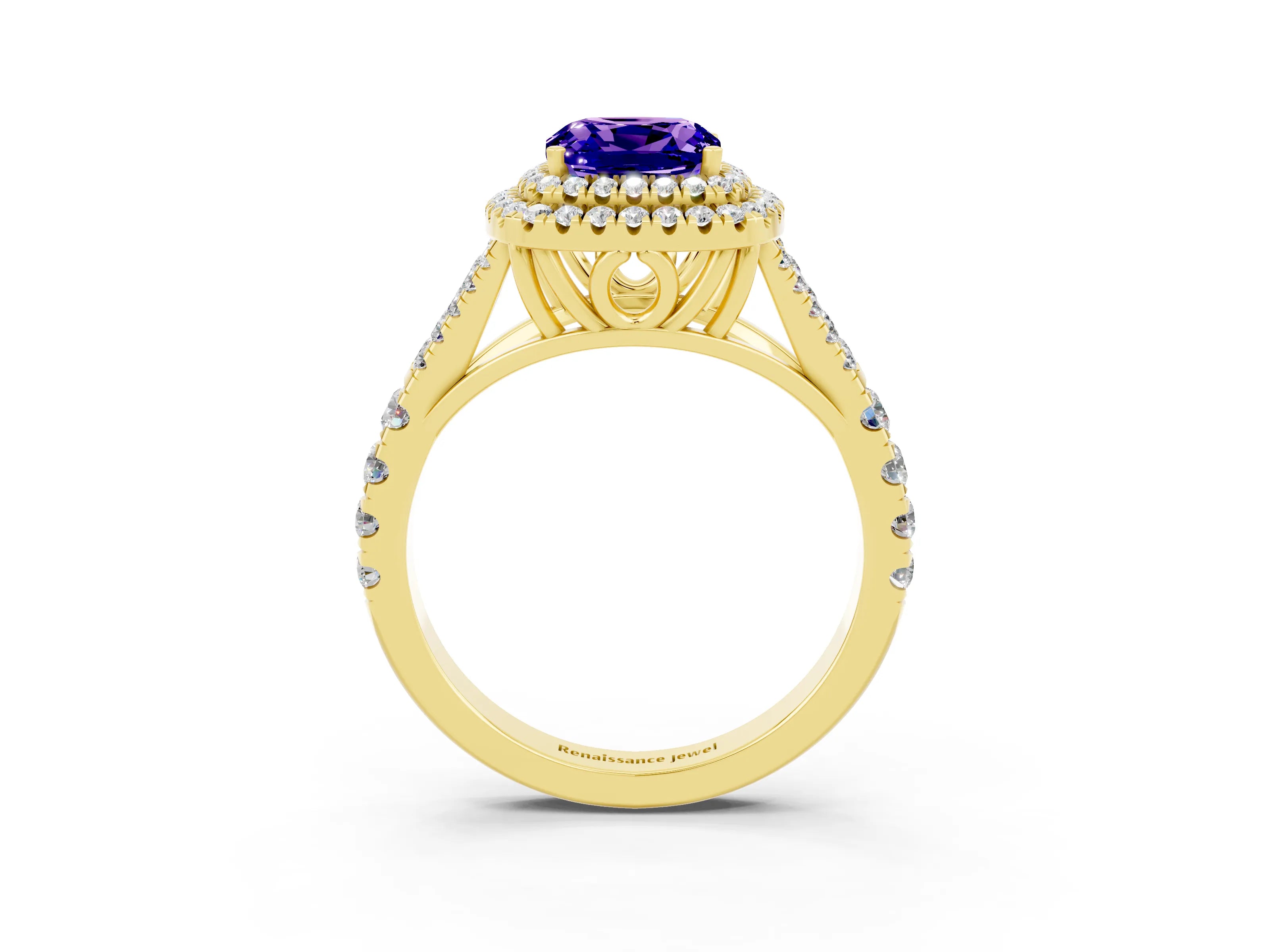 Yellow gold Cushion Cut Tanzanite Double Halo Ring with Split Shank and Prong Setting_15