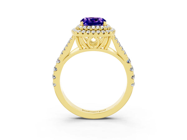 Yellow gold Cushion Cut Tanzanite Double Halo Ring with Split Shank and Prong Setting