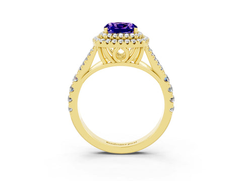 Yellow gold Cushion Cut Tanzanite Double Halo Ring with Split Shank and Prong Setting_15