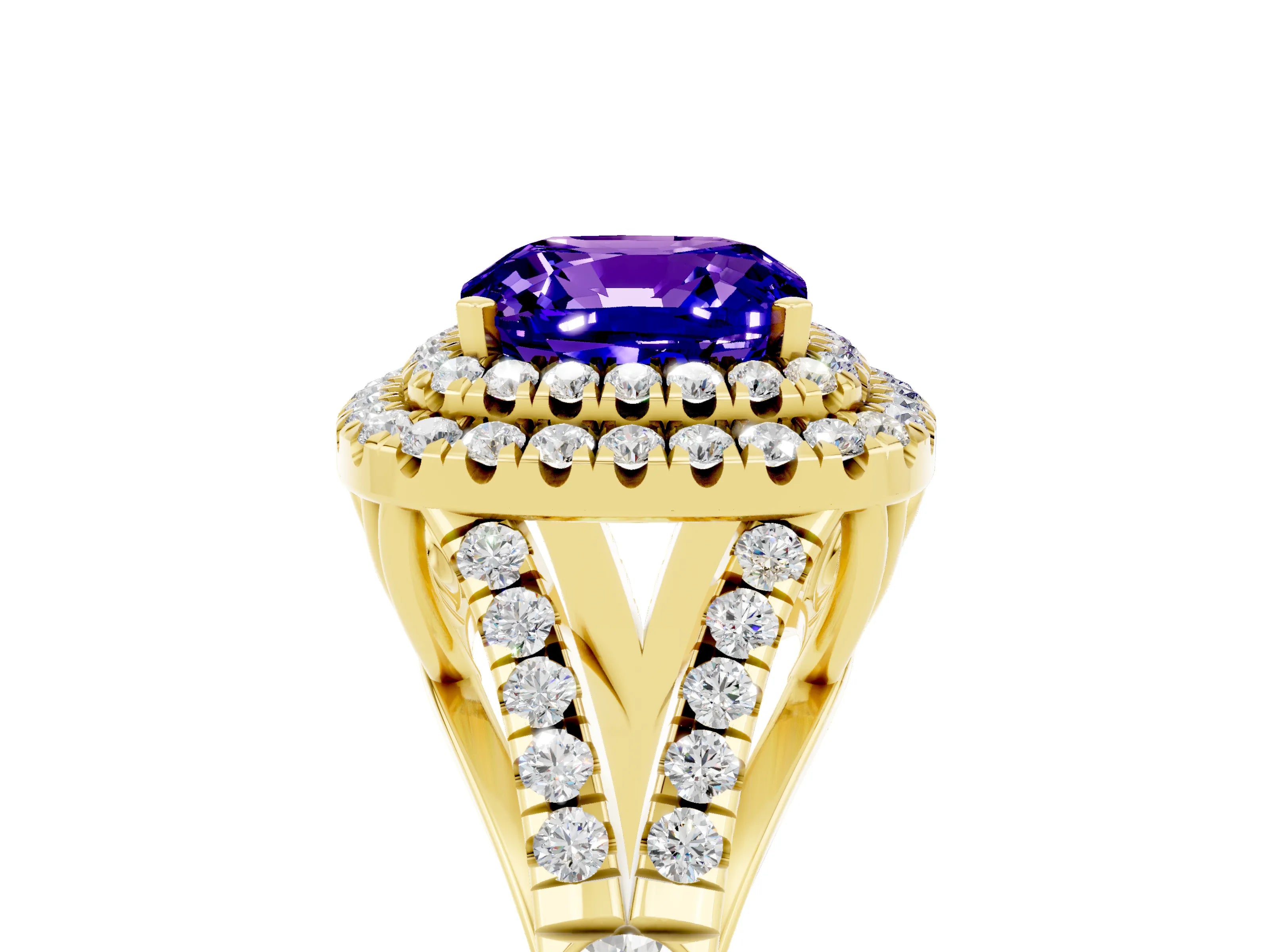 Yellow gold Cushion Cut Tanzanite Double Halo Ring with Split Shank and Prong Setting_17
