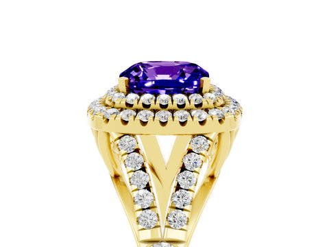 Yellow gold Cushion Cut Tanzanite Double Halo Ring with Split Shank and Prong Setting_17