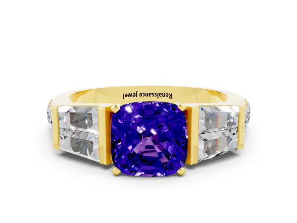Yellow gold Cushion Cut Tanzanite Engagement Ring with Baguette Side Stones and Channel Set Band
