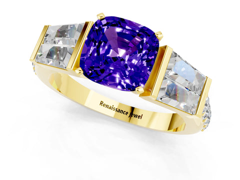 Yellow gold Cushion Cut Tanzanite Engagement Ring with Baguette Side Stones and Channel Set Band_1