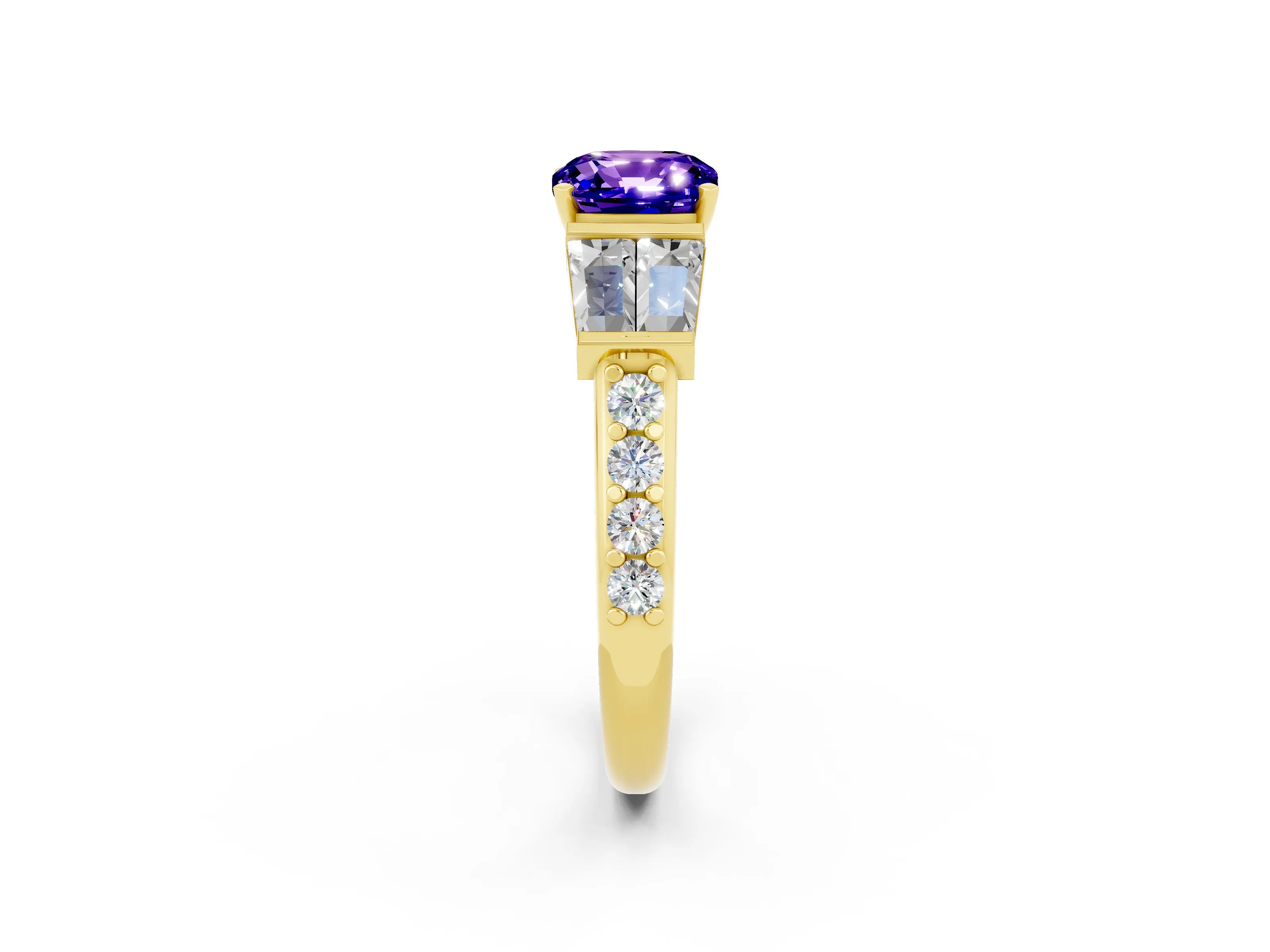 Yellow gold Cushion Cut Tanzanite Engagement Ring with Baguette Side Stones and Channel Set Band_2