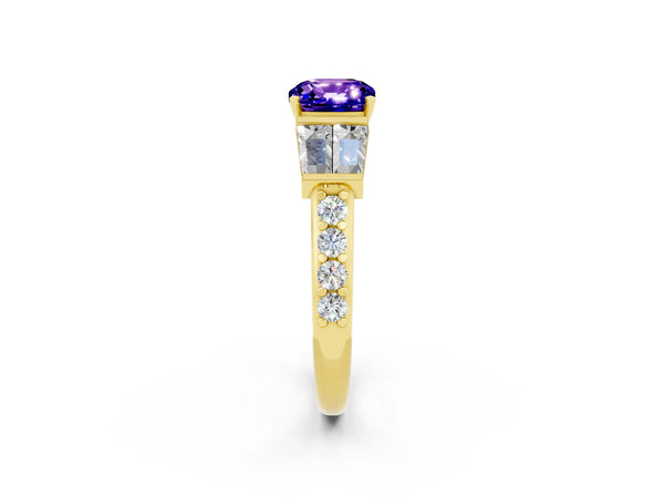 Yellow gold Cushion Cut Tanzanite Engagement Ring with Baguette Side Stones and Channel Set Band