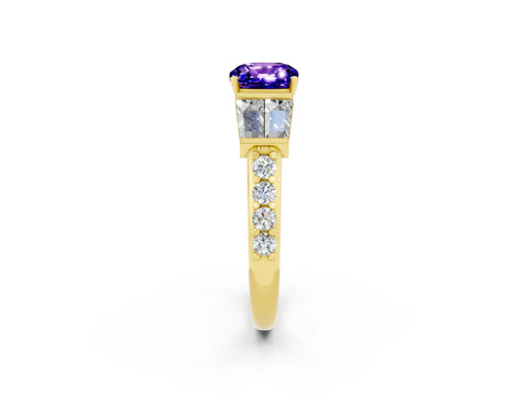 Yellow gold Cushion Cut Tanzanite Engagement Ring with Baguette Side Stones and Channel Set Band_2