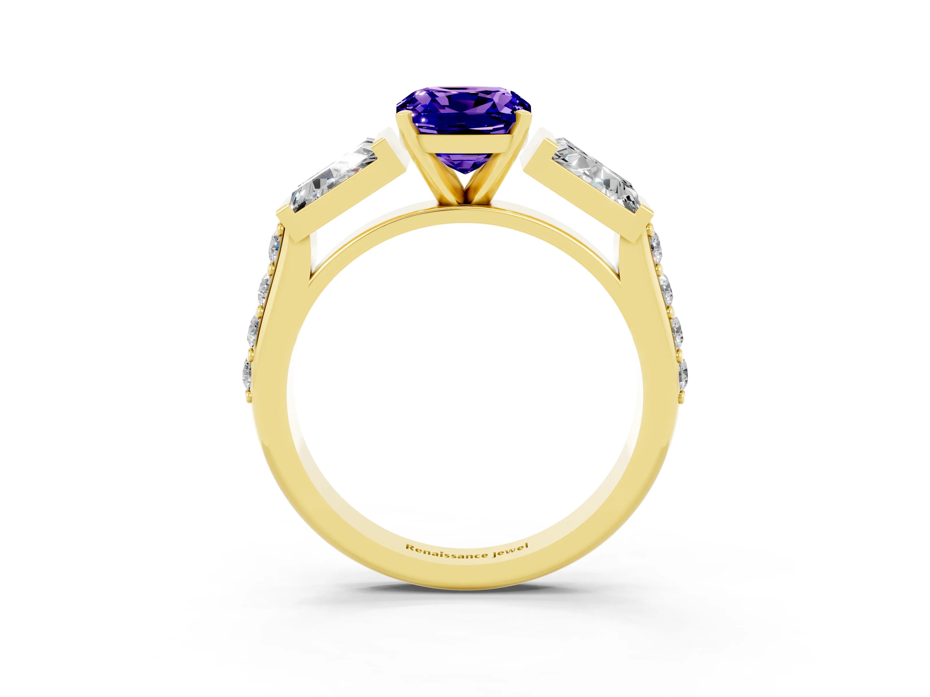 Yellow gold Cushion Cut Tanzanite Engagement Ring with Baguette Side Stones and Channel Set Band_3