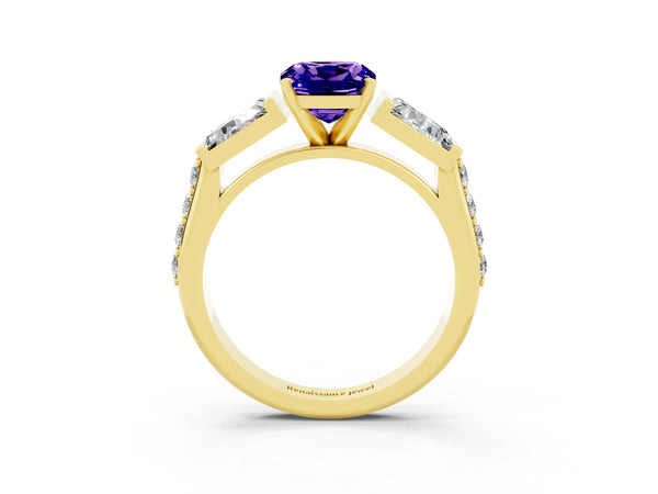 Yellow gold Cushion Cut Tanzanite Engagement Ring with Baguette Side Stones and Channel Set Band