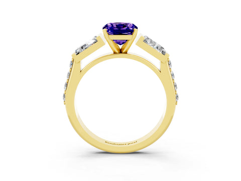 Yellow gold Cushion Cut Tanzanite Engagement Ring with Baguette Side Stones and Channel Set Band_3