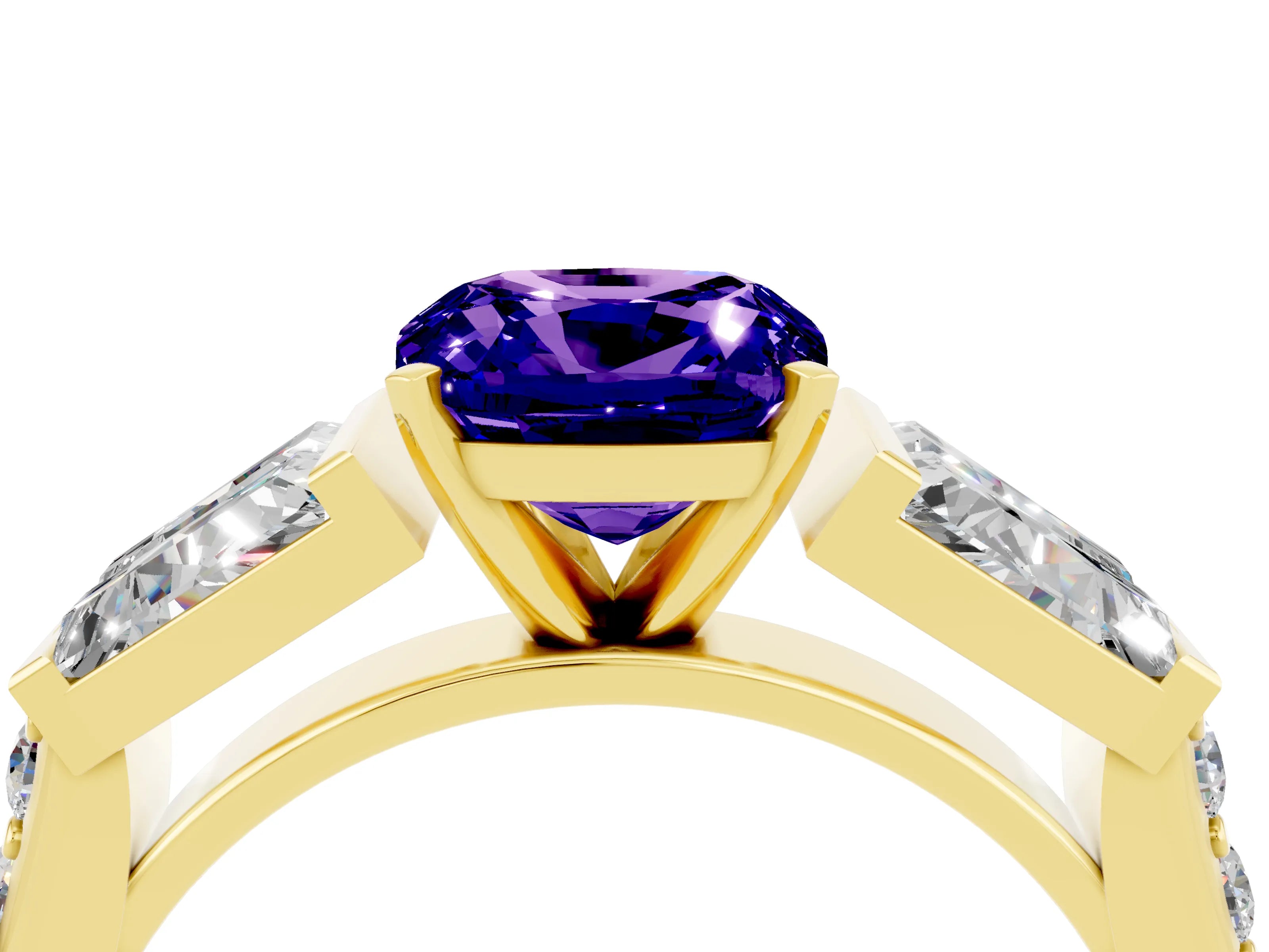 Yellow gold Cushion Cut Tanzanite Engagement Ring with Baguette Side Stones and Channel Set Band_4