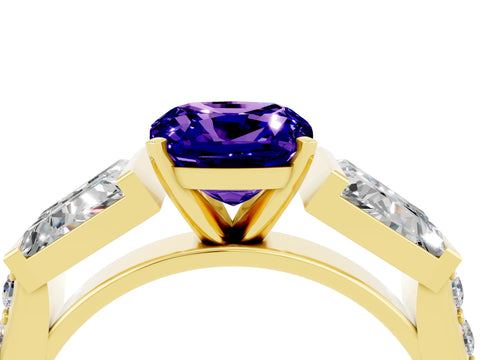 Yellow gold Cushion Cut Tanzanite Engagement Ring with Baguette Side Stones and Channel Set Band_4
