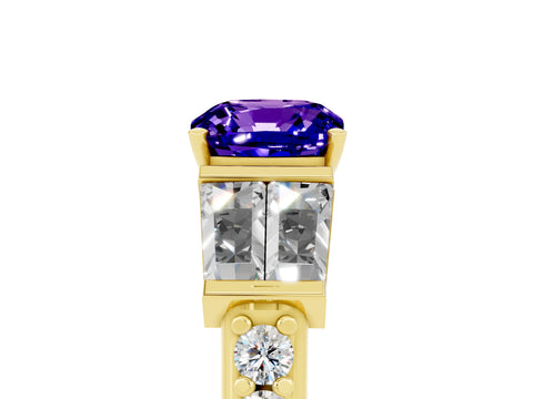 Yellow gold Cushion Cut Tanzanite Engagement Ring with Baguette Side Stones and Channel Set Band_5