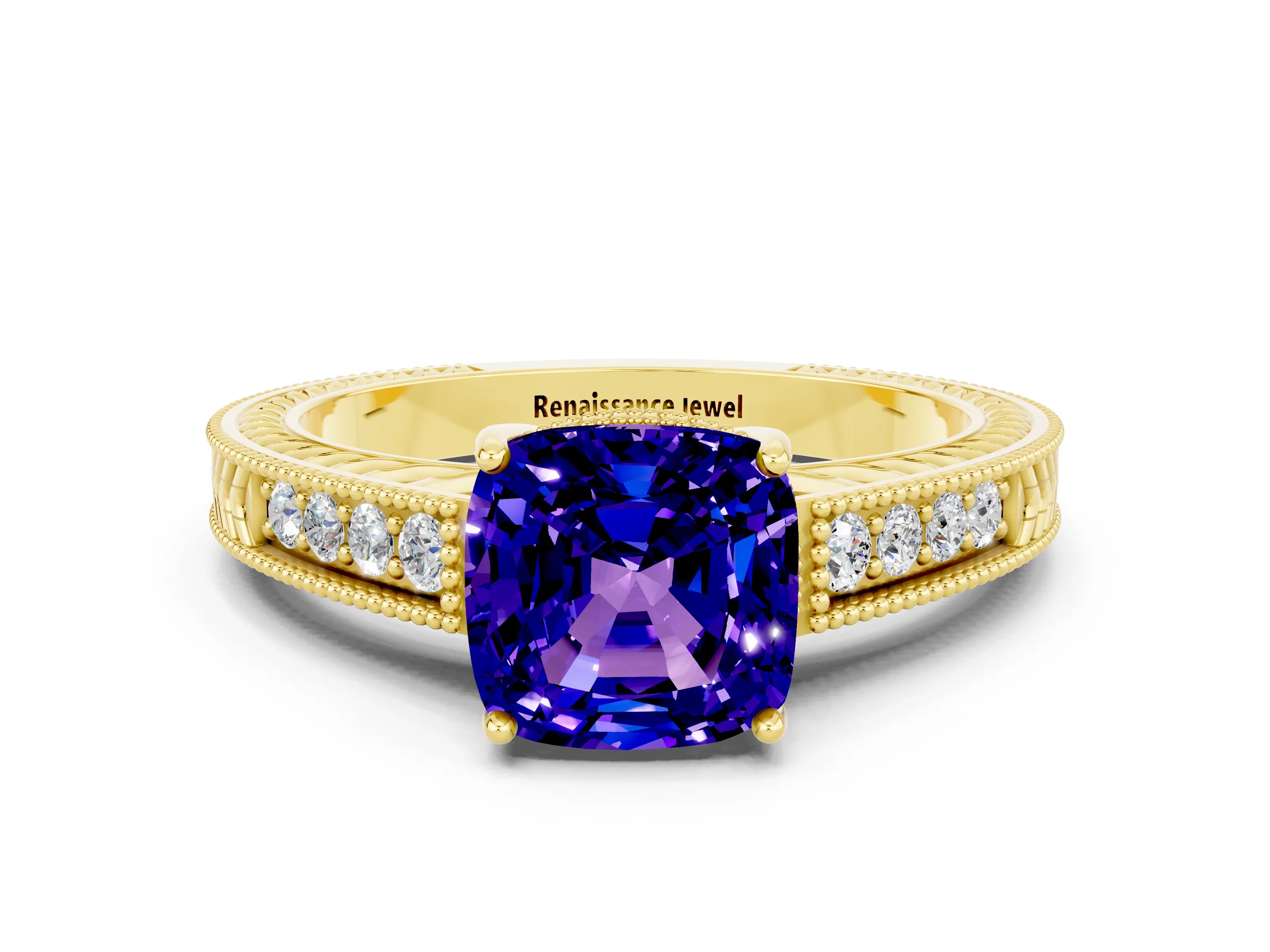 Yellow gold Cushion Cut Tanzanite Engagement Ring with Milgrain Channel Set Band and Prong Setting