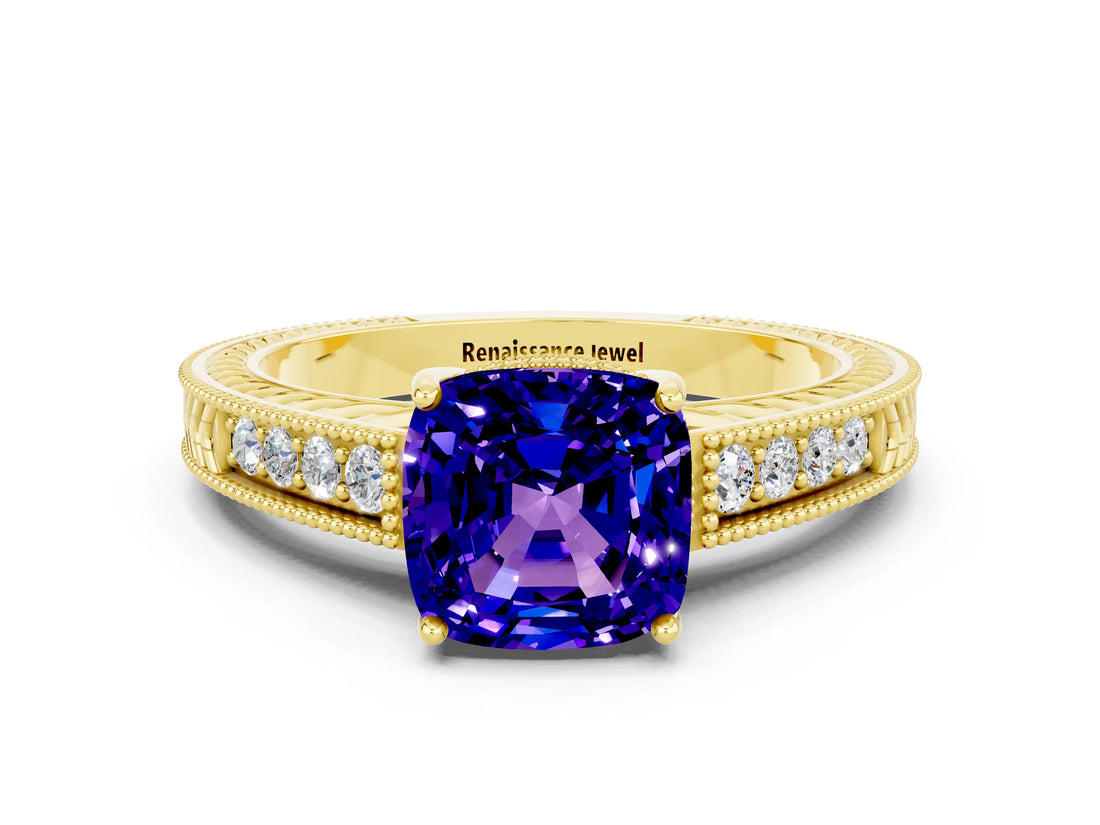 Yellow gold Cushion Cut Tanzanite Engagement Ring with Milgrain Channel Set Band and Prong Setting