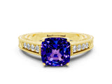 Yellow gold Cushion Cut Tanzanite Engagement Ring with Milgrain Channel Set Band and Prong Setting
