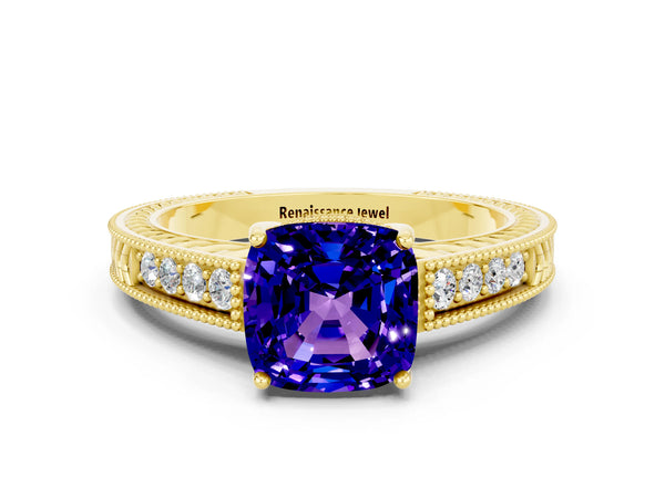 Yellow gold Cushion Cut Tanzanite Engagement Ring with Milgrain Channel Set Band and Prong Setting