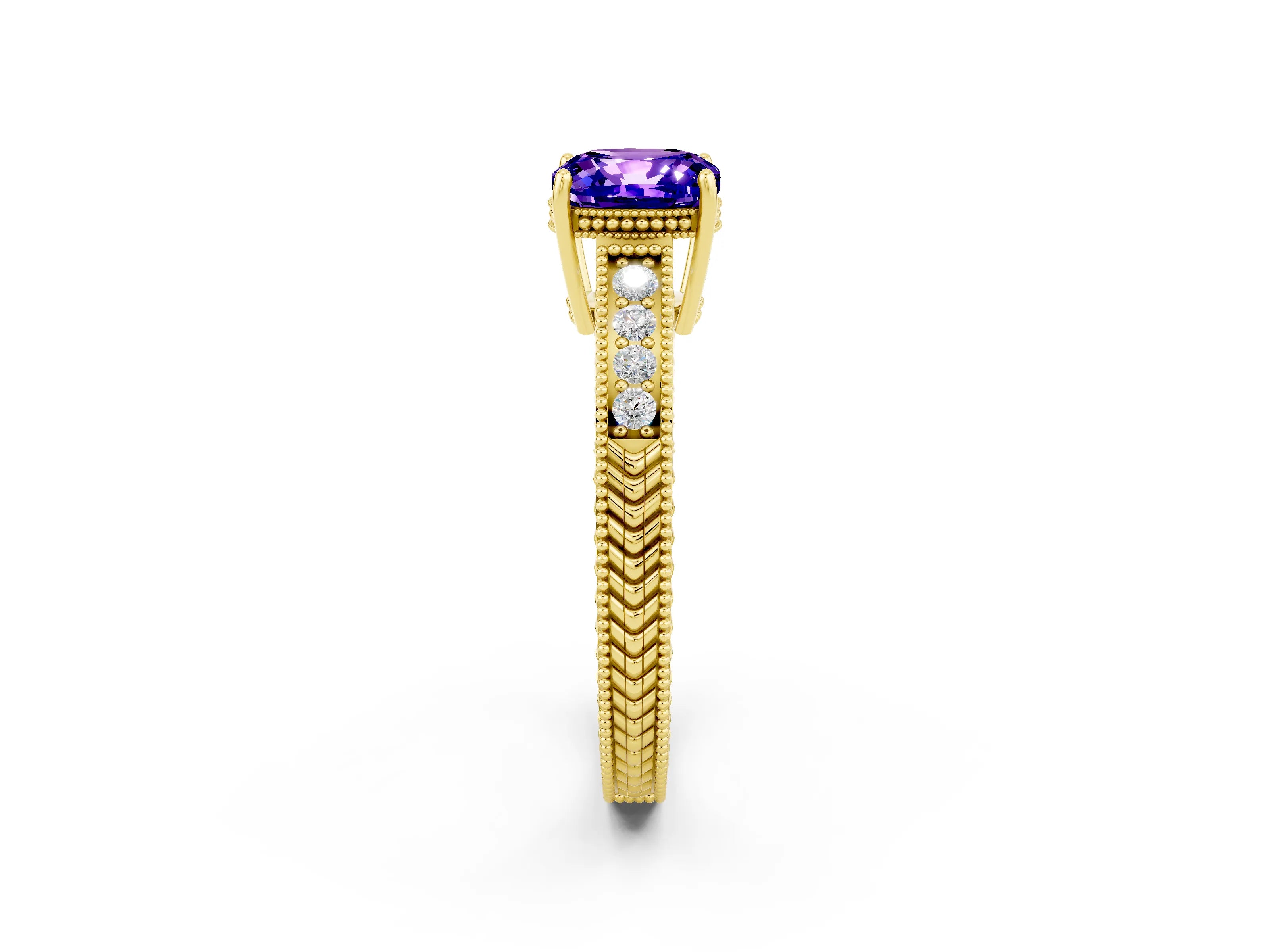 Yellow gold Cushion Cut Tanzanite Engagement Ring with Milgrain Channel Set Band and Prong Setting_2