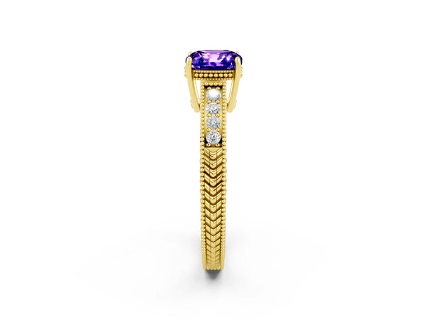 Yellow gold Cushion Cut Tanzanite Engagement Ring with Milgrain Channel Set Band and Prong Setting