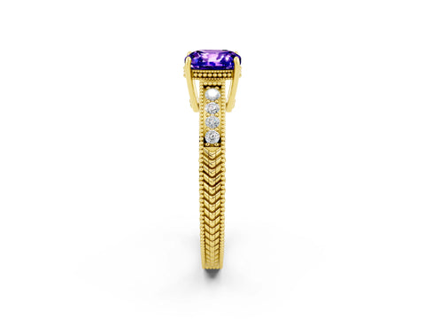 Yellow gold Cushion Cut Tanzanite Engagement Ring with Milgrain Channel Set Band and Prong Setting_2
