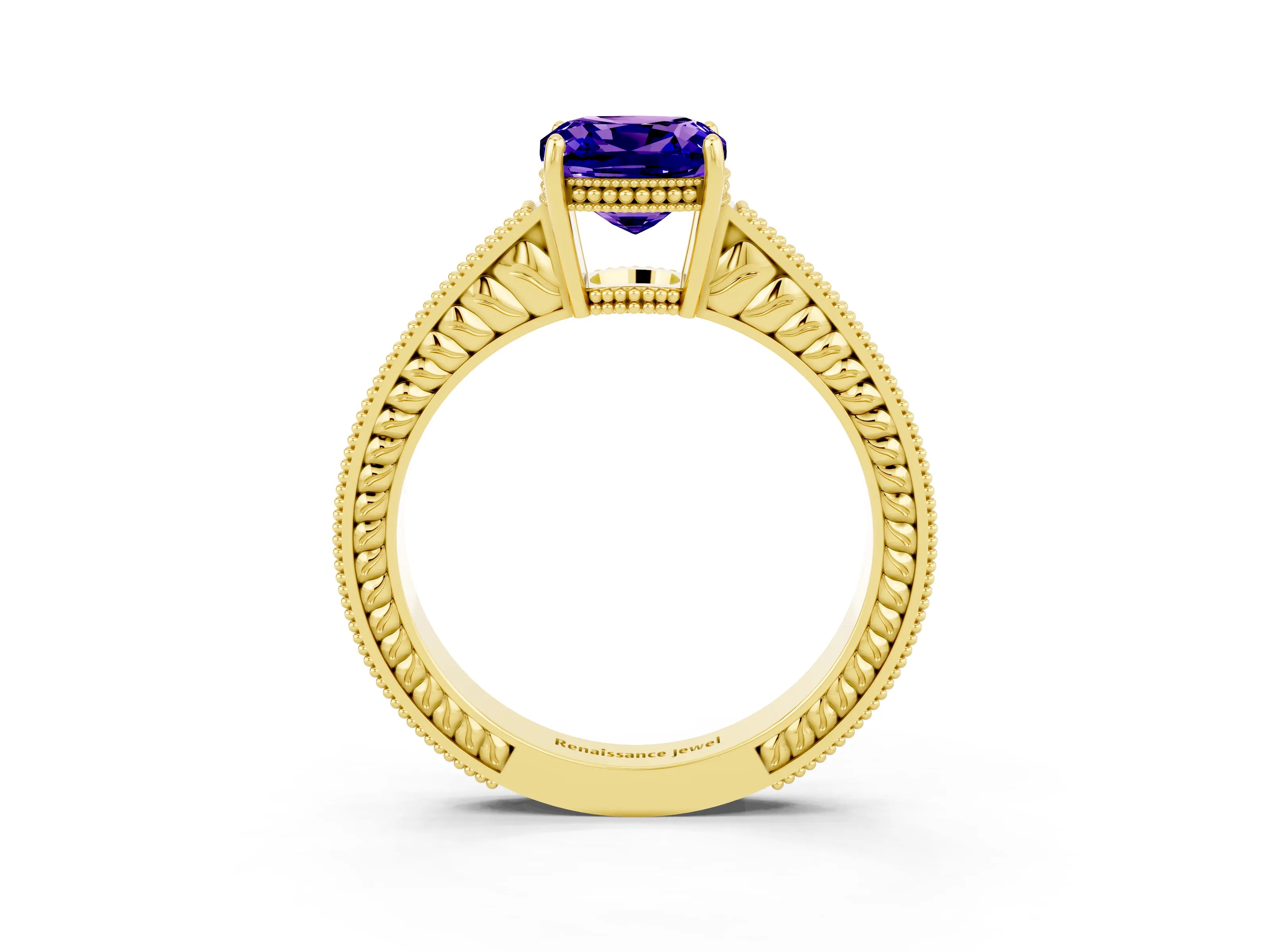 Yellow gold Cushion Cut Tanzanite Engagement Ring with Milgrain Channel Set Band and Prong Setting_3