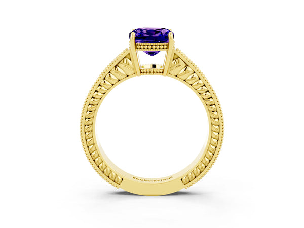 Yellow gold Cushion Cut Tanzanite Engagement Ring with Milgrain Channel Set Band and Prong Setting