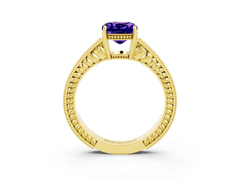 Yellow gold Cushion Cut Tanzanite Engagement Ring with Milgrain Channel Set Band and Prong Setting_3