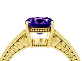 Yellow gold Cushion Cut Tanzanite Engagement Ring with Milgrain Channel Set Band and Prong Setting_4