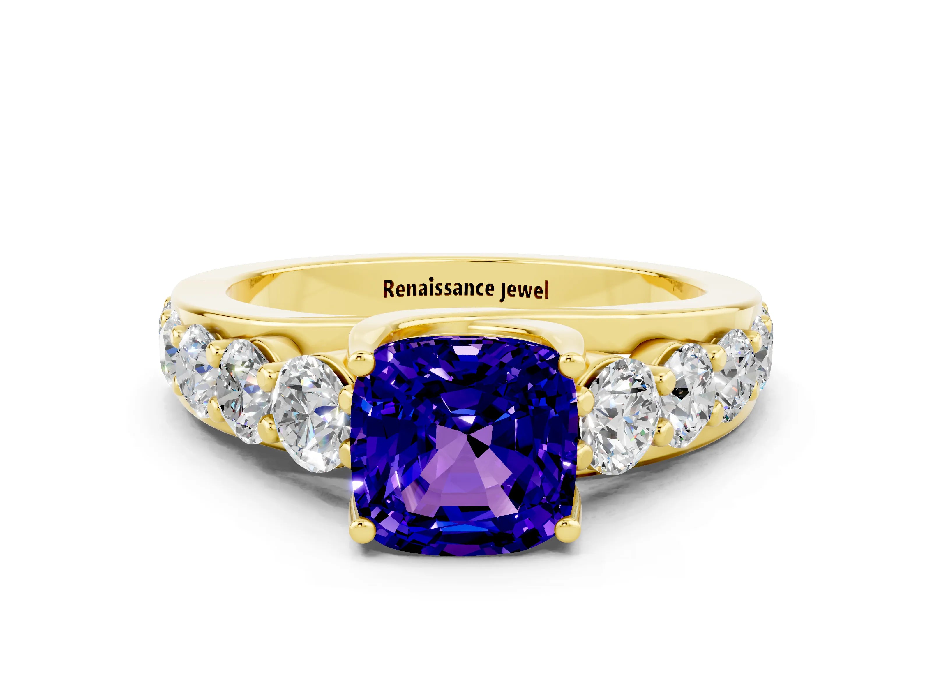 Yellow gold Cushion Cut Tanzanite Engagement Ring with Pavé Band and Four-Prong Setting
