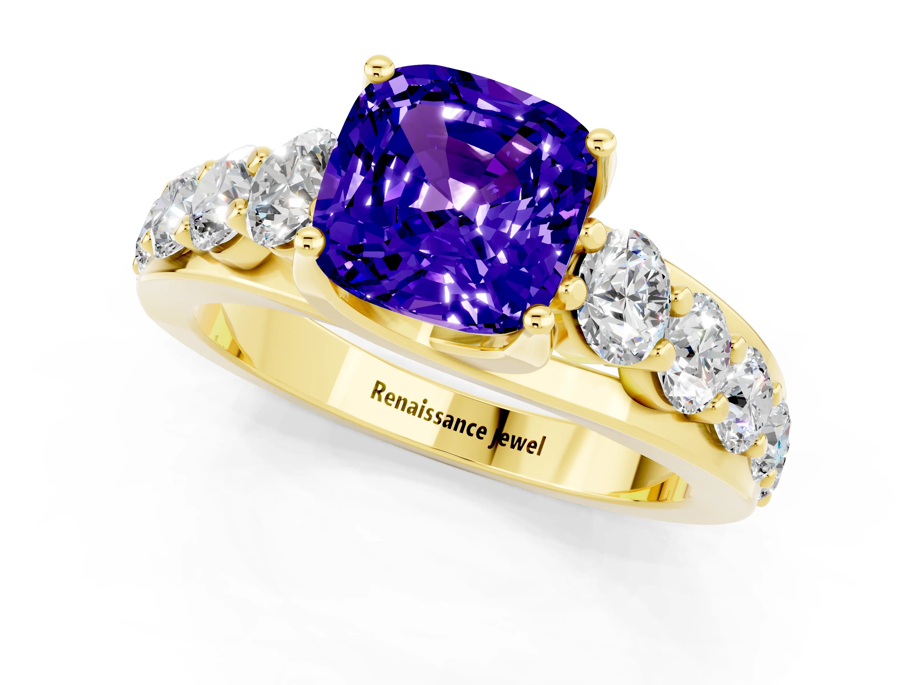 Yellow gold Cushion Cut Tanzanite Engagement Ring with Pavé Band and Four-Prong Setting_1