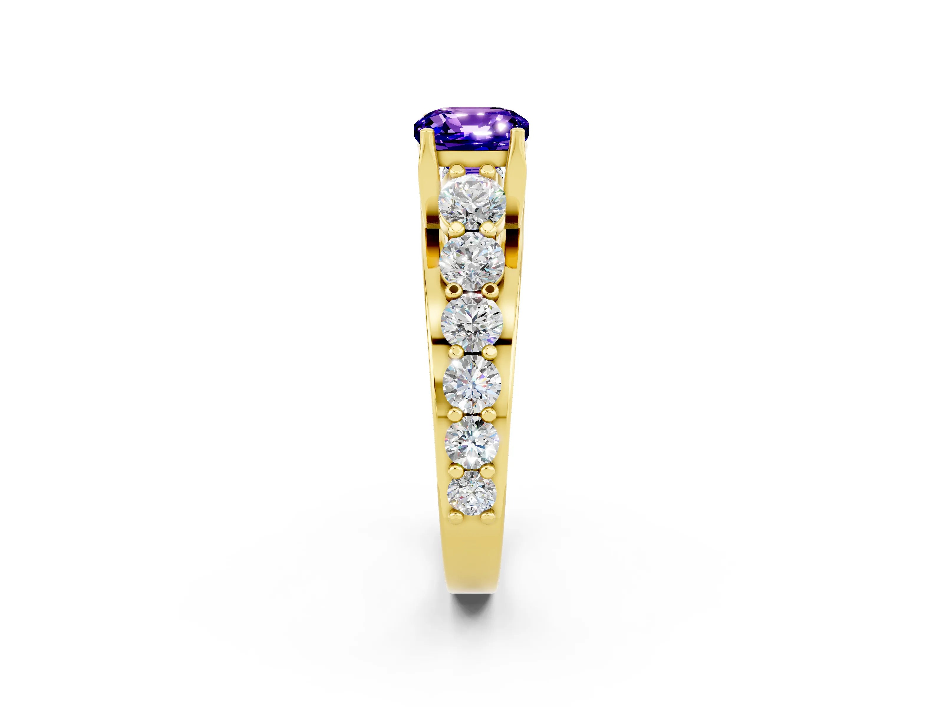 Yellow gold Cushion Cut Tanzanite Engagement Ring with Pavé Band and Four-Prong Setting_2